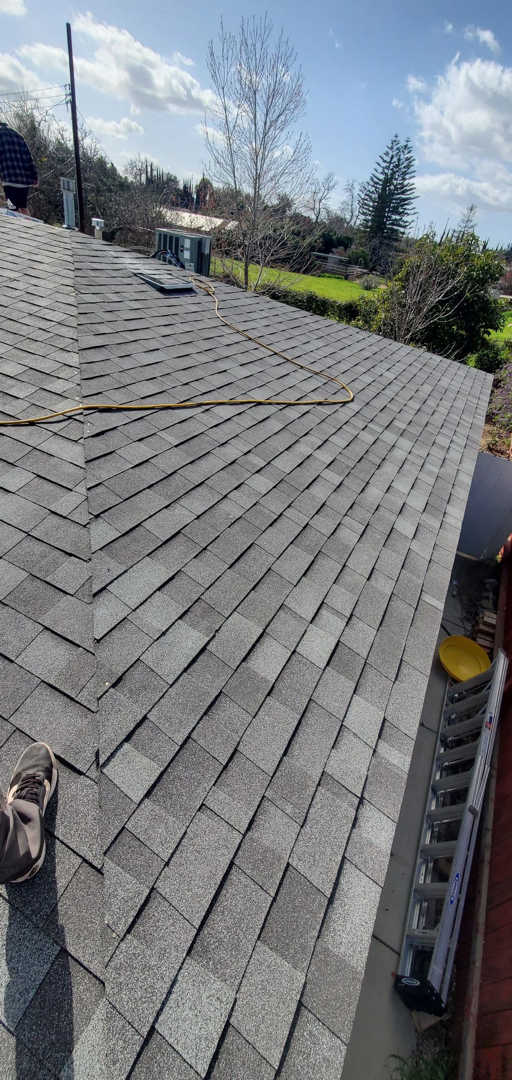 Roof inspection with gray shingles, ladder, and clear sky in the background.