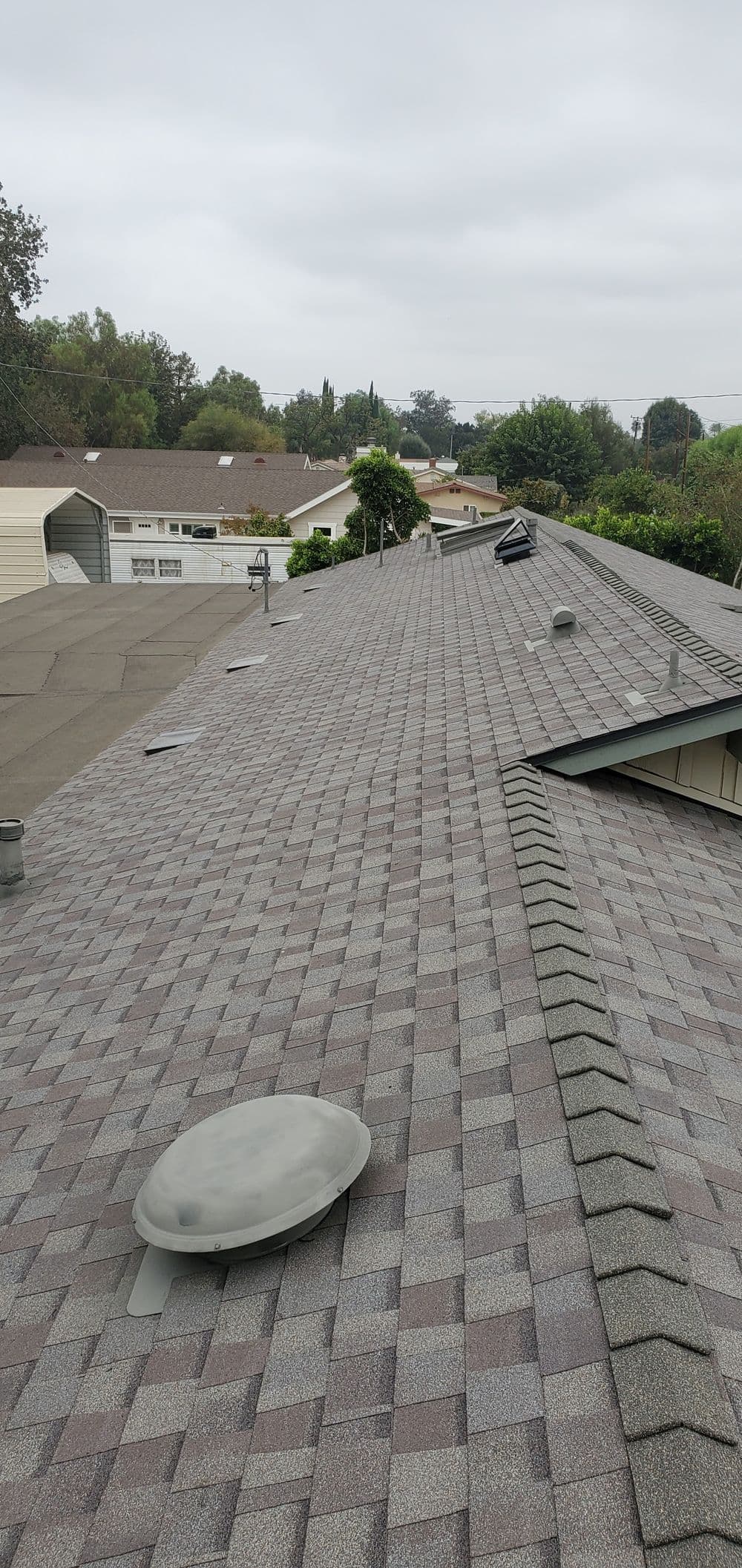 Roof view with gray shingles and ventilation pipes, surrounded by trees and residential homes.