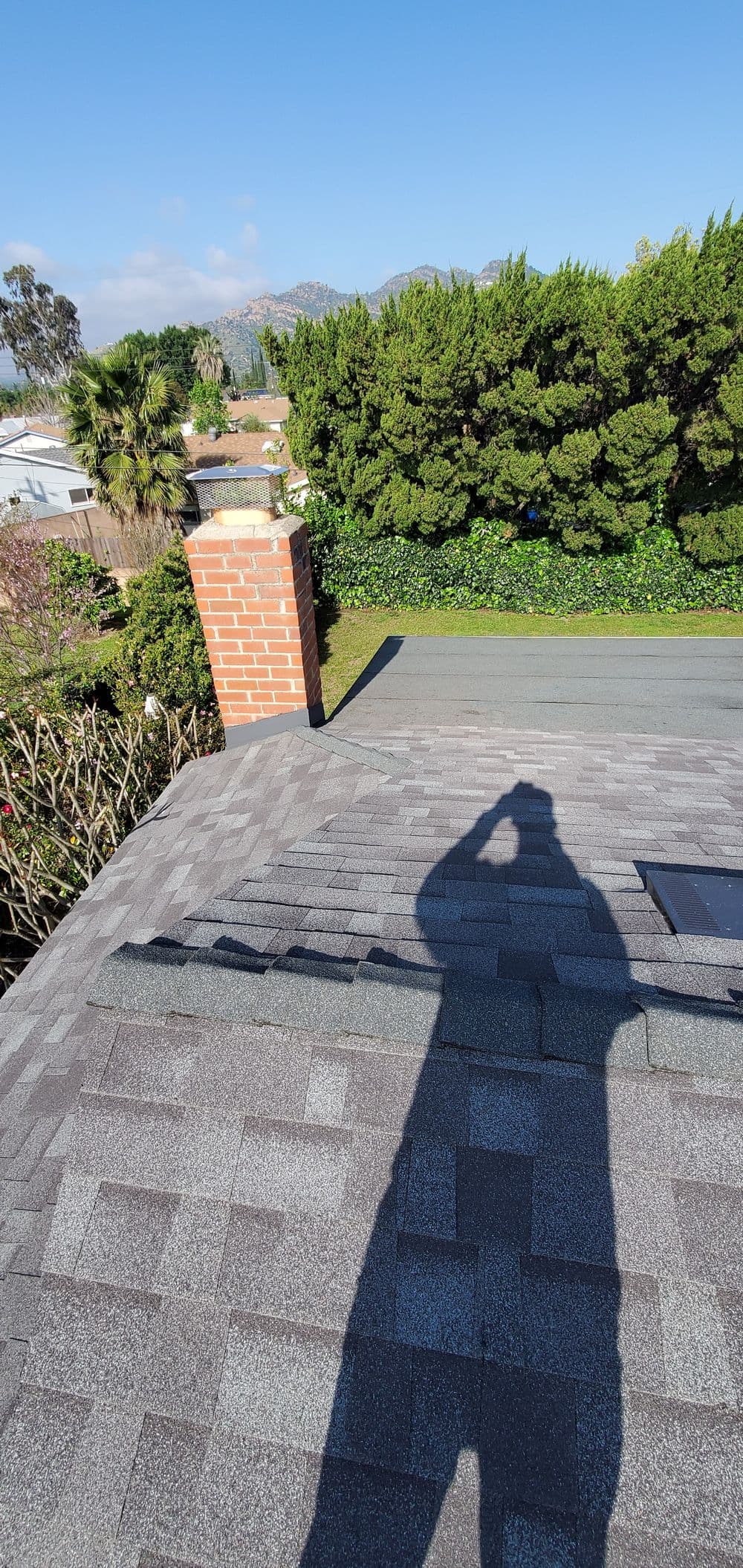 Rooftop view showing shadow, shingles, and greenery against a clear blue sky.