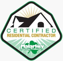Certified residential contractor badge by Malarkey Roofing Products with house icon.