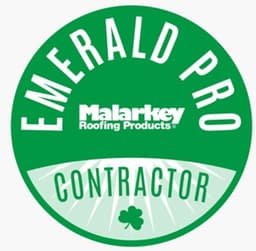 Emerald Pro Contractor badge from Malarkey Roofing Products in green and white design.